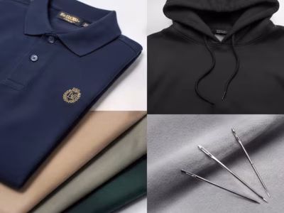 Collage di capi personalizzati: polo con logo ricamato, felpa con cappuccio e aghi da ricamo professionale